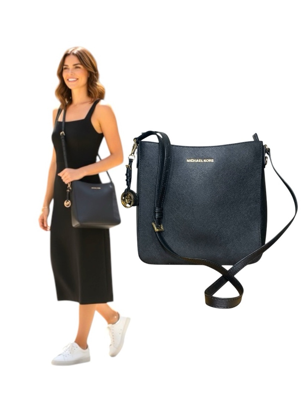 Michael Kors Jet Set L Saffiano Black Leather Crossbody Bag Logo Charm 10"X10"